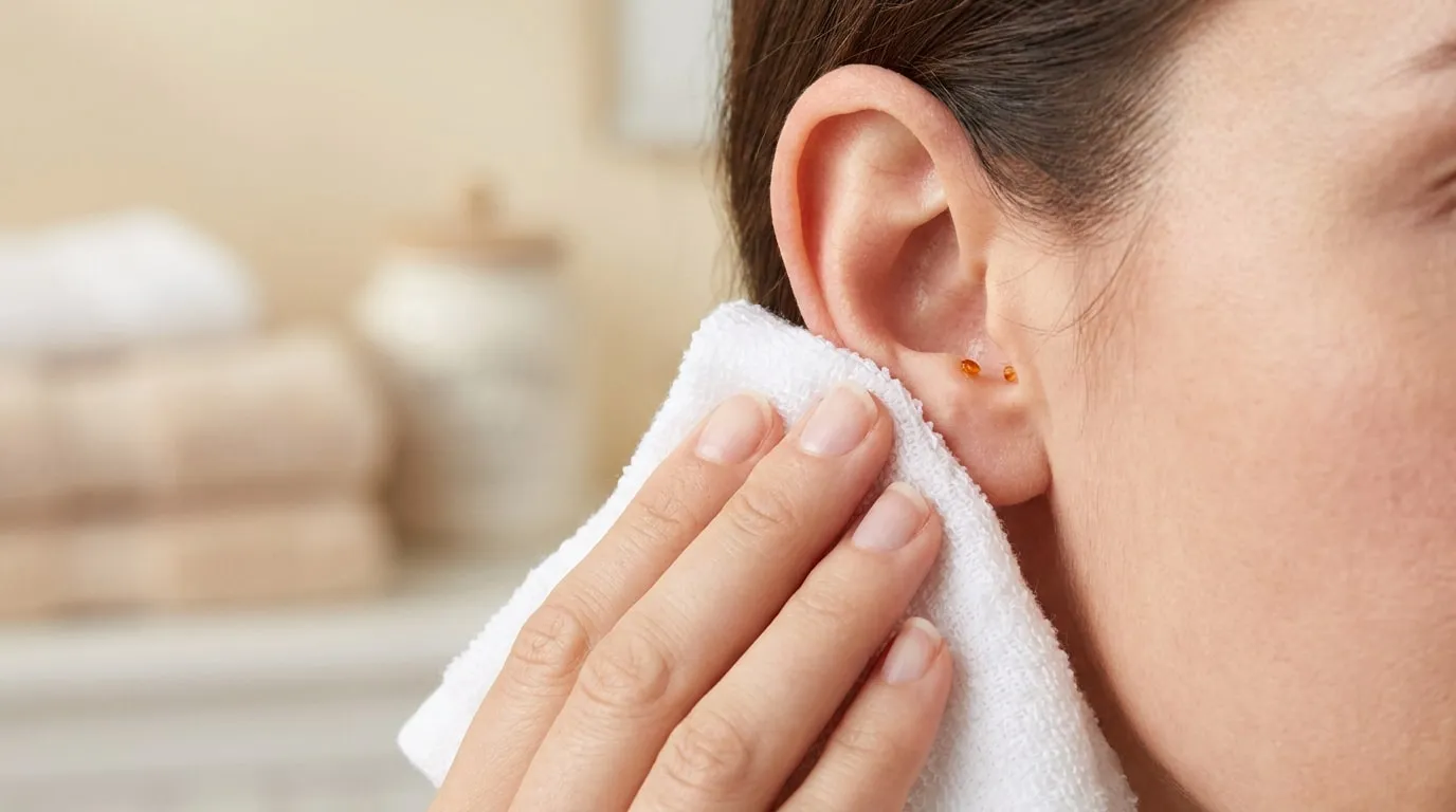 Une femme essuie délicatement l'extérieur de son oreille avec une serviette blanche propre dans une salle de bain.