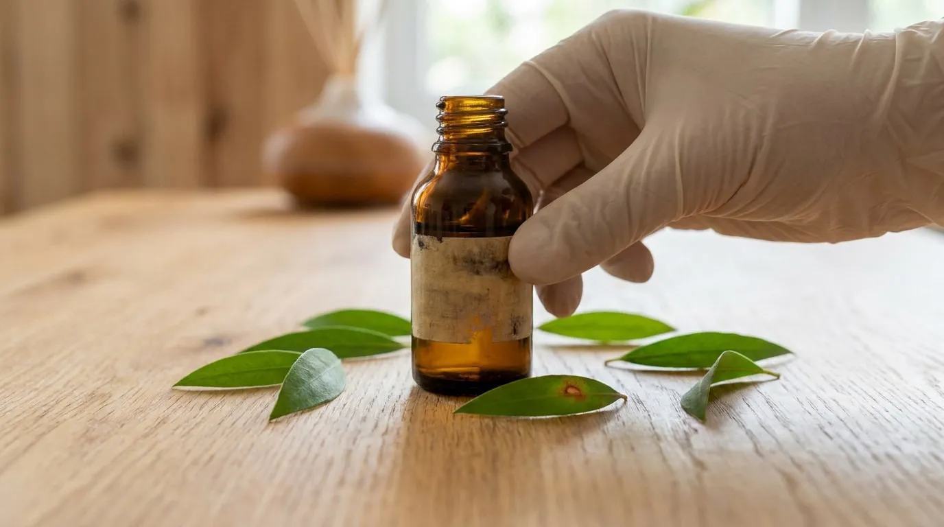 Une main gantée manipule un flacon d'huile essentielle entouré de feuilles vertes sur une table en bois.