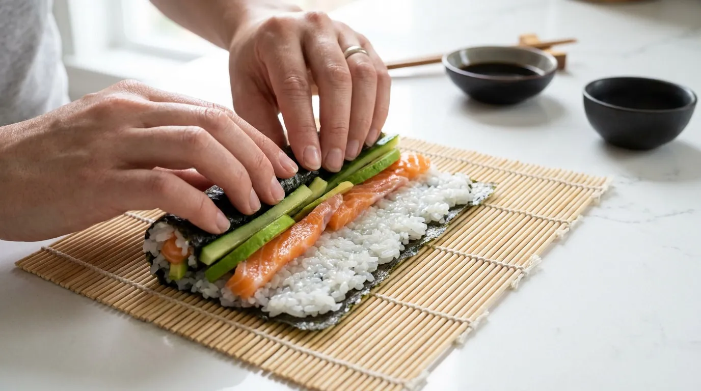 Mains en gros plan roulant un maki avec du saumon, de l'avocat et du riz sur une natte en bambou.