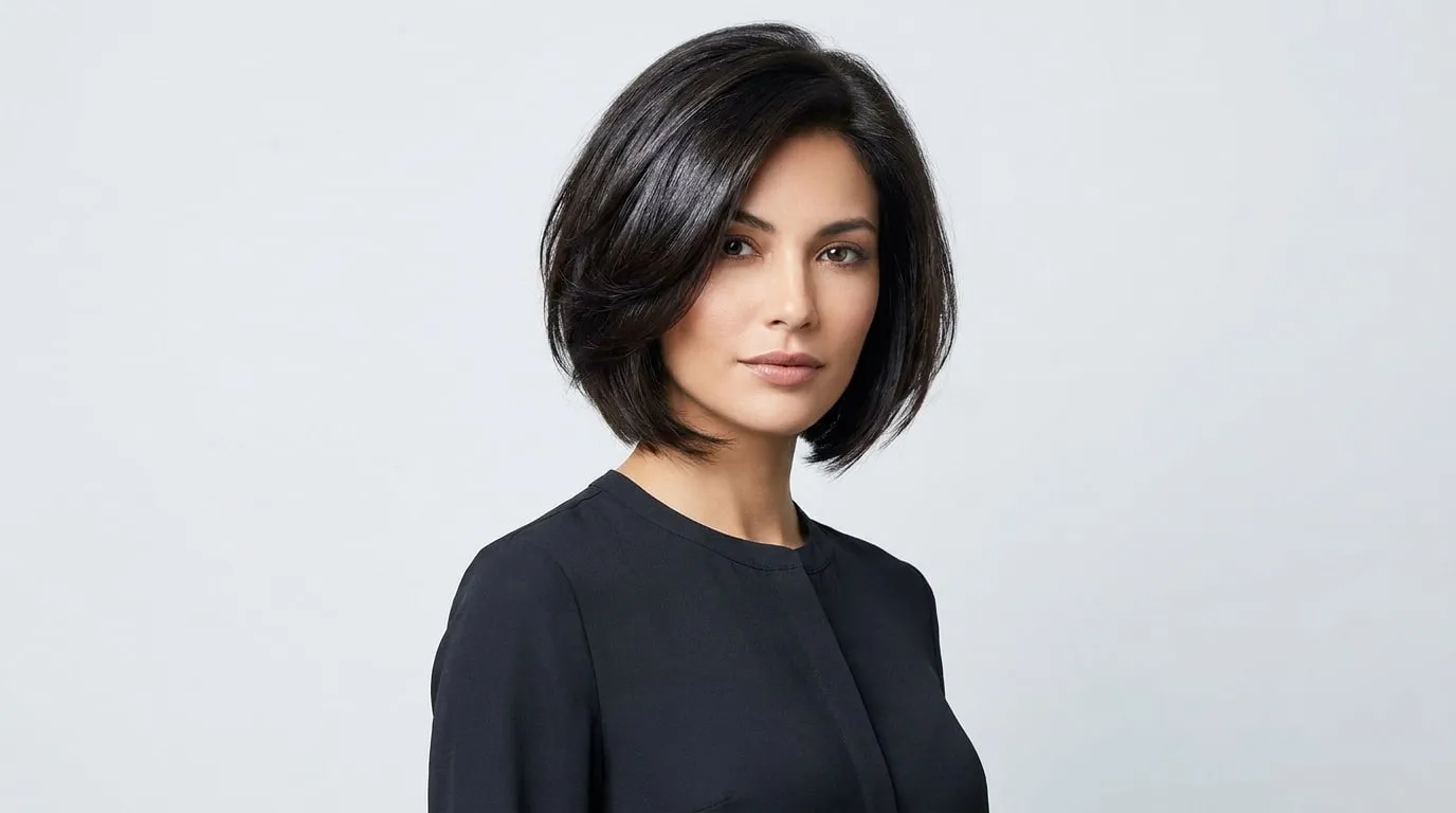 Portrait d'une femme aux cheveux bruns avec une coupe au carré plongeant volumineuse sur fond gris clair.