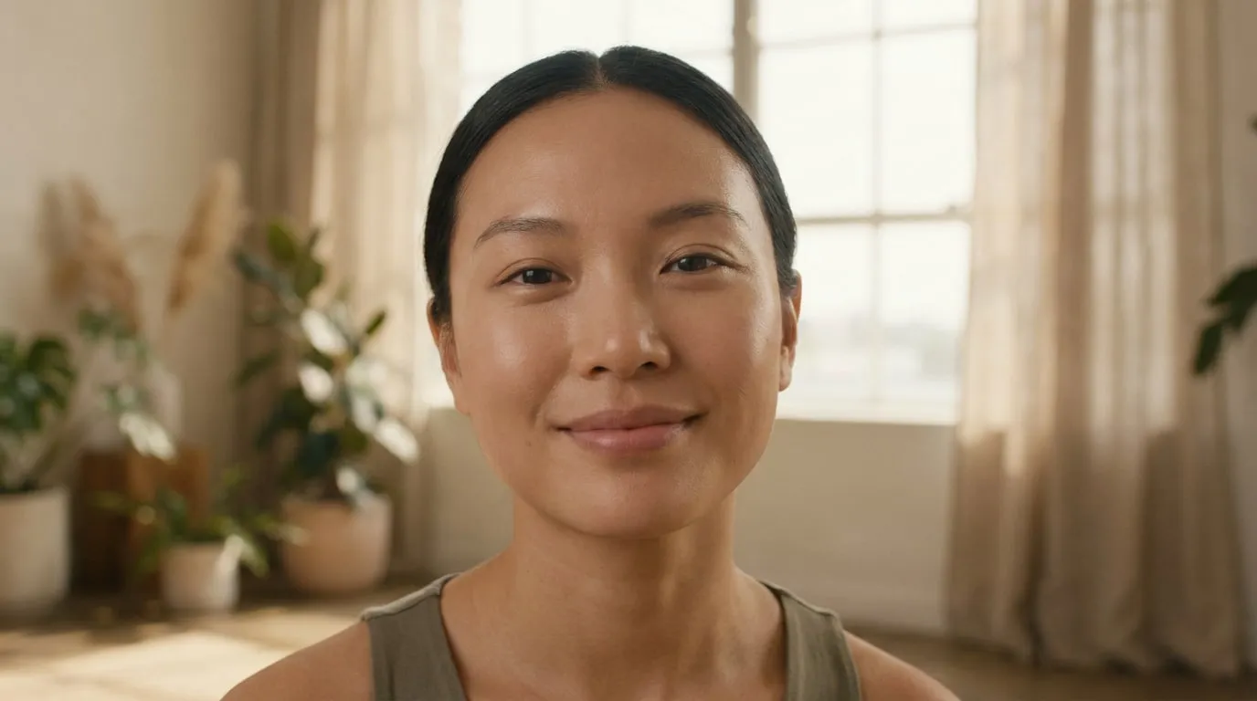 Portrait d'une femme souriante au teint mat naturel et lumineux dans un intérieur doux.