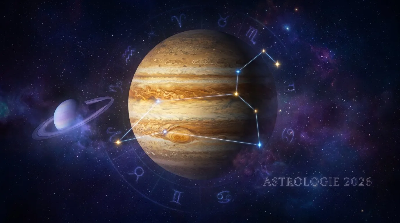 Illustration spatiale de Jupiter et Saturne entourés par une roue du zodiaque lumineuse et des constellations.