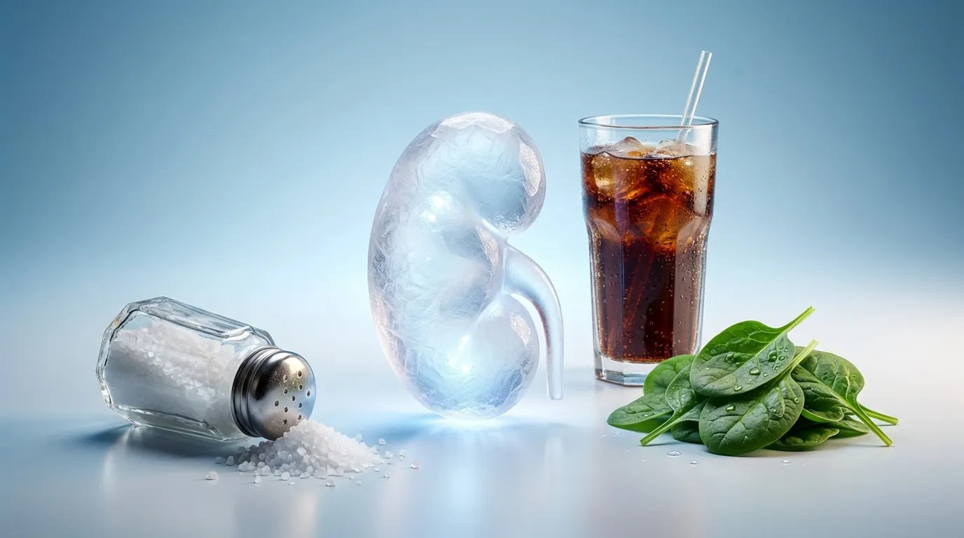 Aliments mauvais pour les reins, incluant charcuteries et boissons sucrées, illustrant les dangers du sel et du fructose