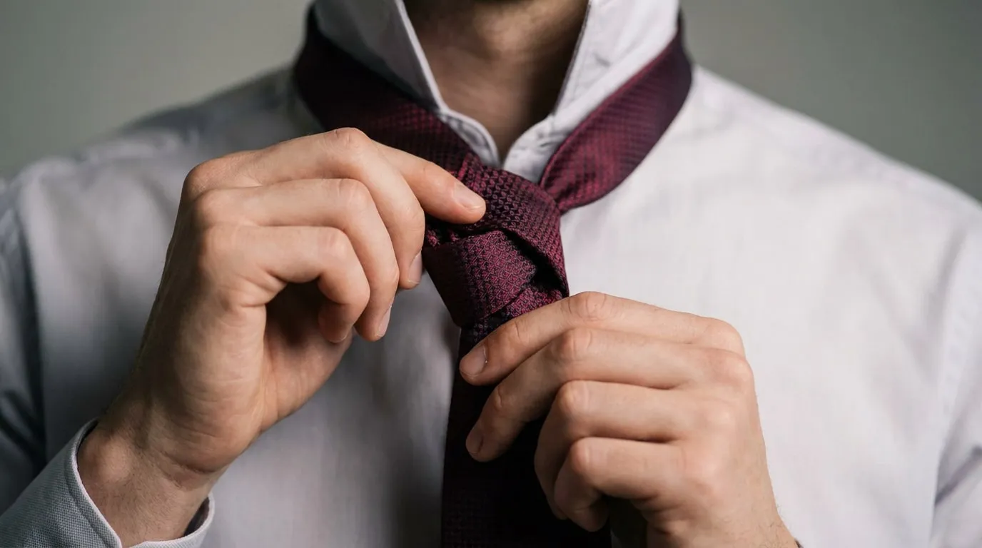 Gros plan sur les mains d'un homme ajustant une cravate bordeaux texturée sur une chemise blanche.