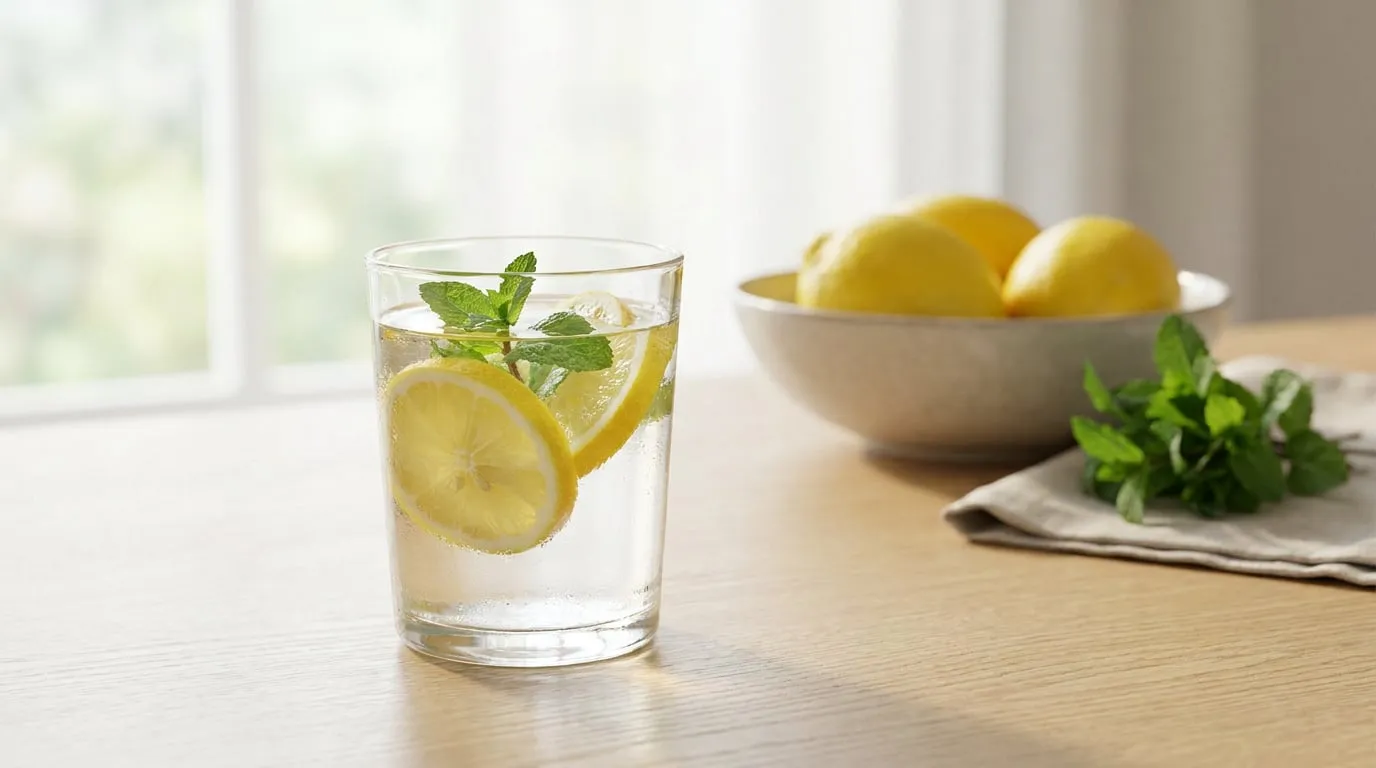Un verre d'eau infusée au citron et à la menthe sur une table en bois, avec un bol de citrons en arrière-plan.