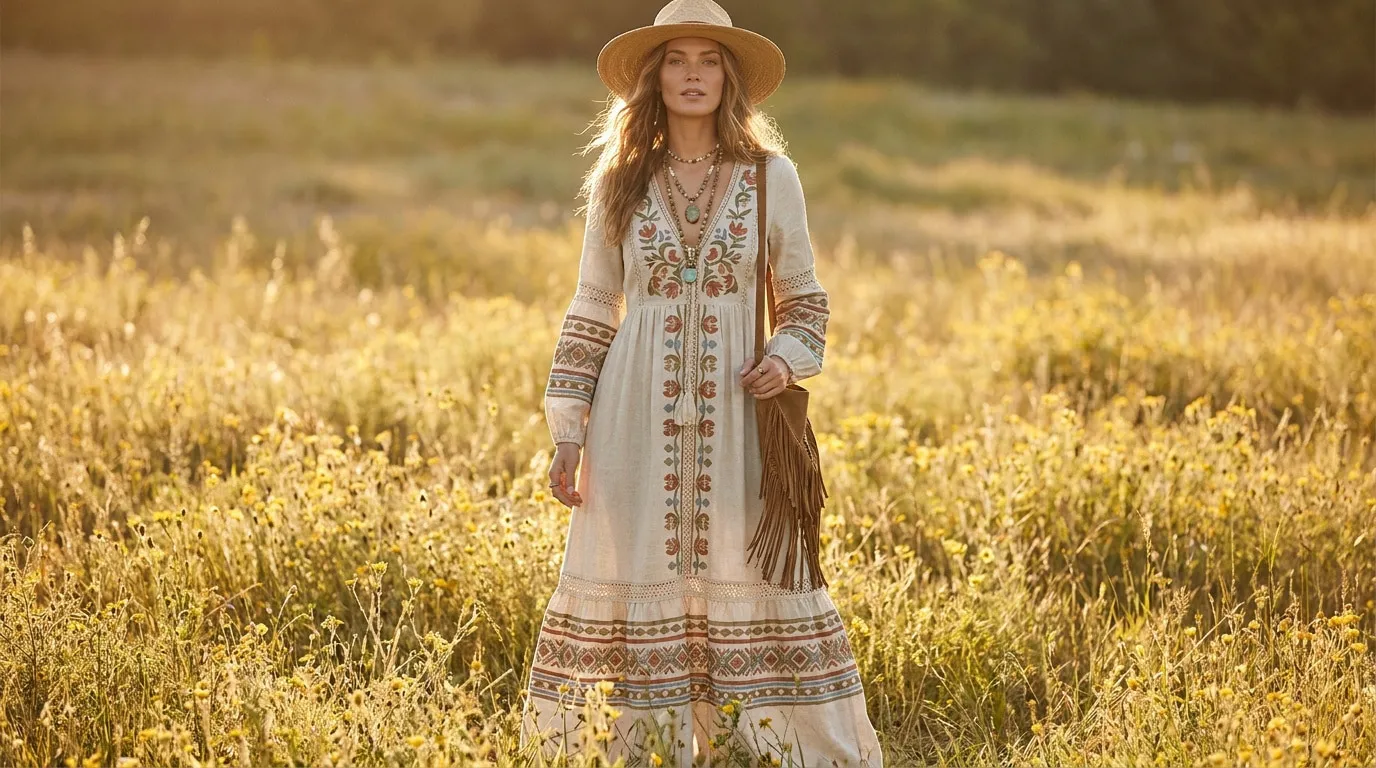 Une femme blonde portant une robe longue bohème, un chapeau de paille et un sac à franges dans un champ de fleurs.