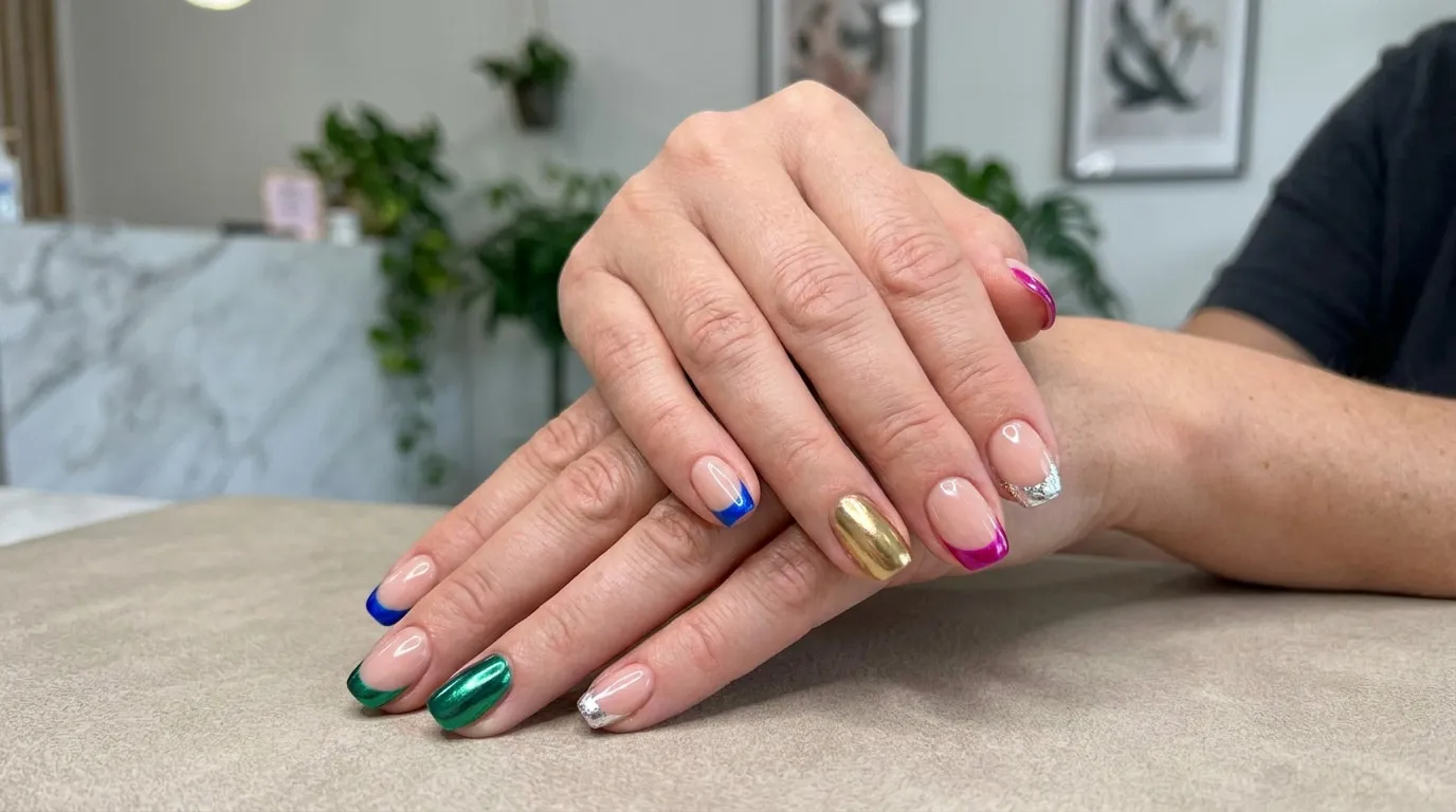 Mains avec une french manucure aux bouts colorés et métallisés, et un ongle entièrement doré.