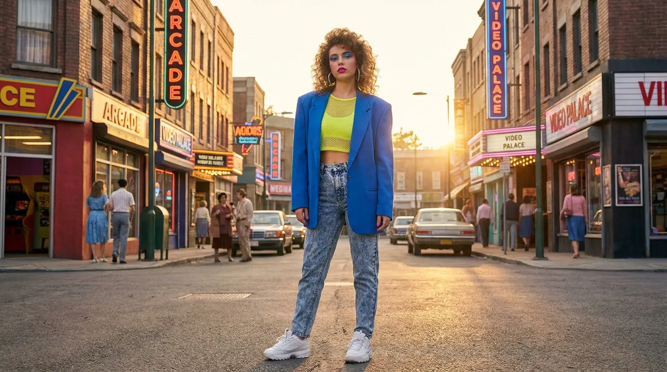 Une jeune femme au look années 80 avec veste bleue et jean délavé, debout dans une rue style rétro au coucher du soleil.