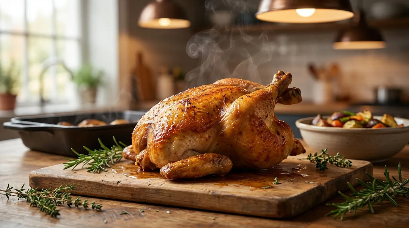 Poulet fermier rôti tout juste sorti du four, fumant sur une planche en bois avec des herbes aromatiques.