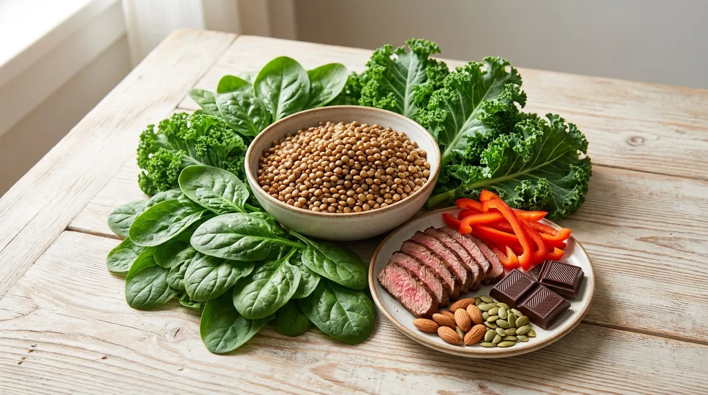 Bol de lentilles entouré d'épinards, chou frisé, tranches de bœuf, poivrons, amandes, graines de courge et chocolat noir.