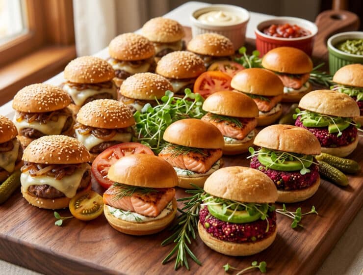 assortment of gourmet mini burgers on elegant board