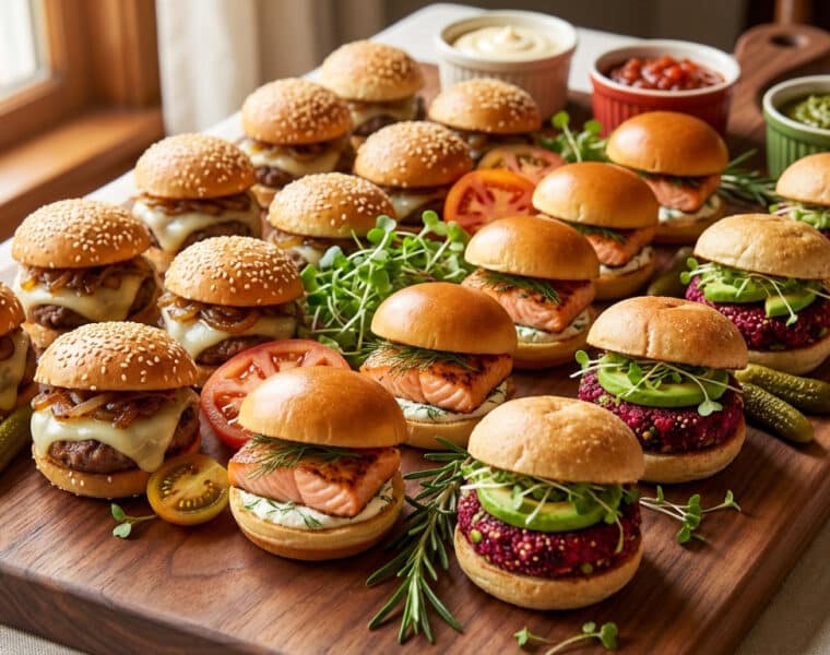 assortment of gourmet mini burgers on elegant board
