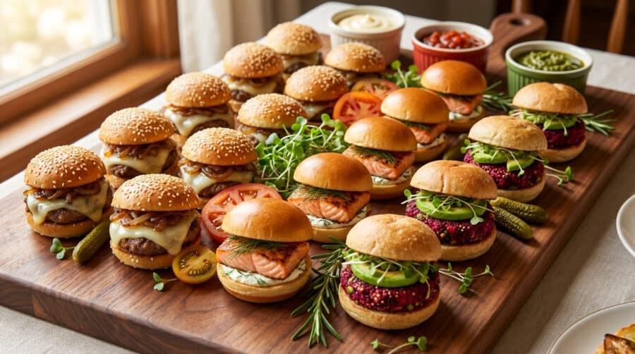 assortment of gourmet mini burgers on elegant board