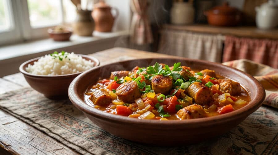 authentic reunionnais rougail saucisse and rice