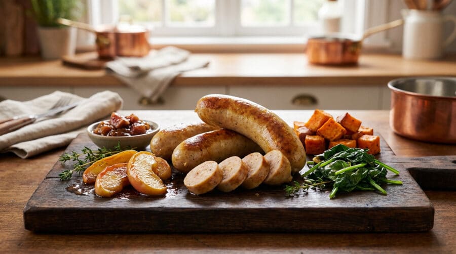 boudin blanc culinary spread with autumnal sides