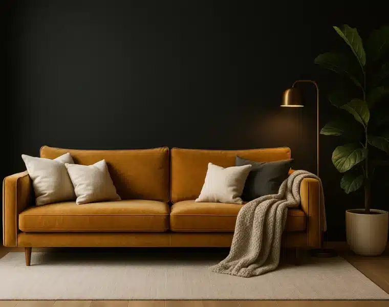 Élégante décoration murale noire dans un salon moderne avec canapé en velours vert et étagères en chêne clair