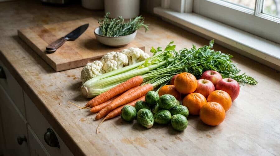colorful winter produce arrangement