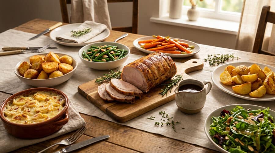 comforting roasted pork feast with gourmet sides