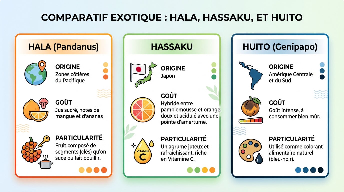Comparatif visuel des fruits exotiques rares : Hala, Hassaku et Huito