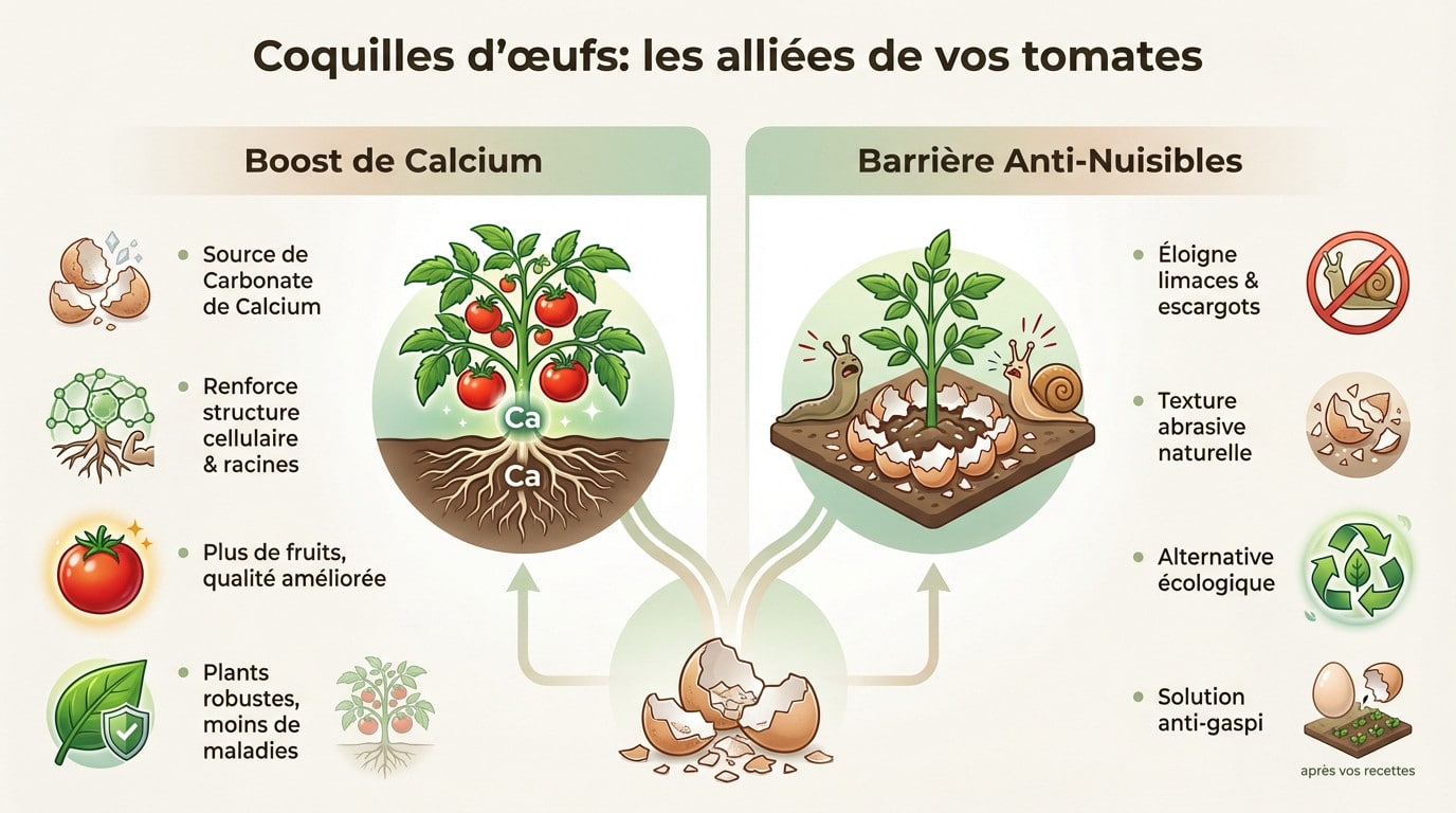Coquilles d'œufs écrasées au pied d'un plant de tomates pour enrichir le sol