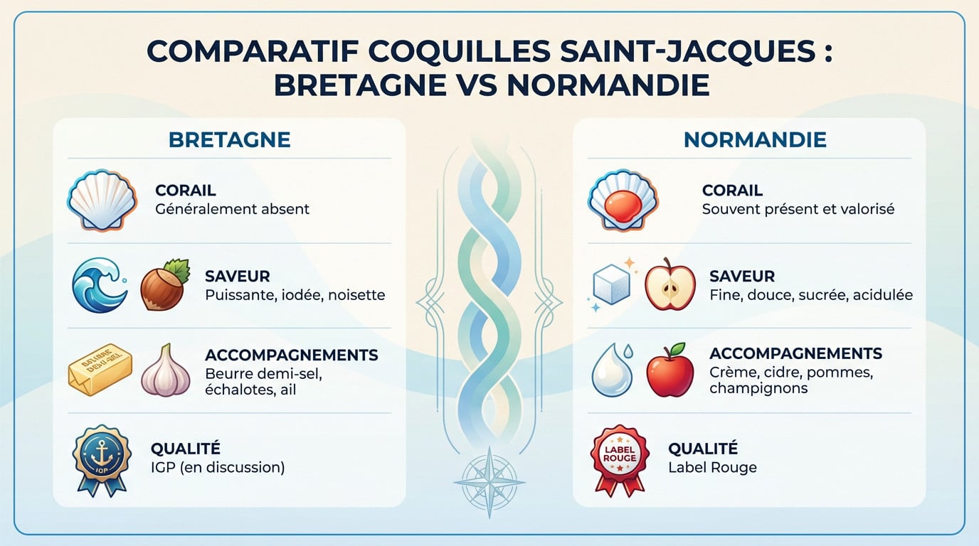 Comparaison visuelle entre les coquilles Saint-Jacques de Bretagne et de Normandie