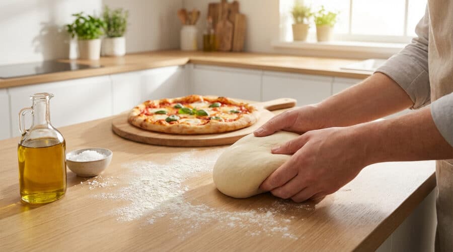 crafting homemade pizza kneading dough and fresh bake