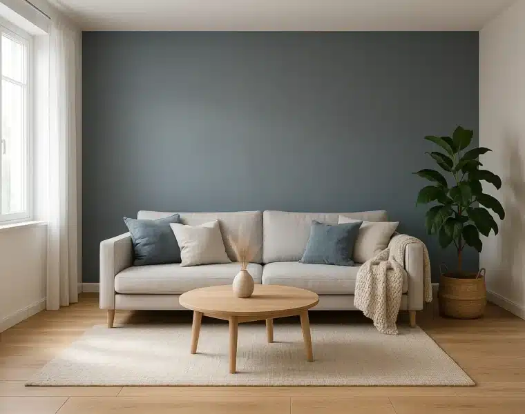 Intérieur scandinave bleu-gris apaisant avec parquet en bois clair et éléments naturels