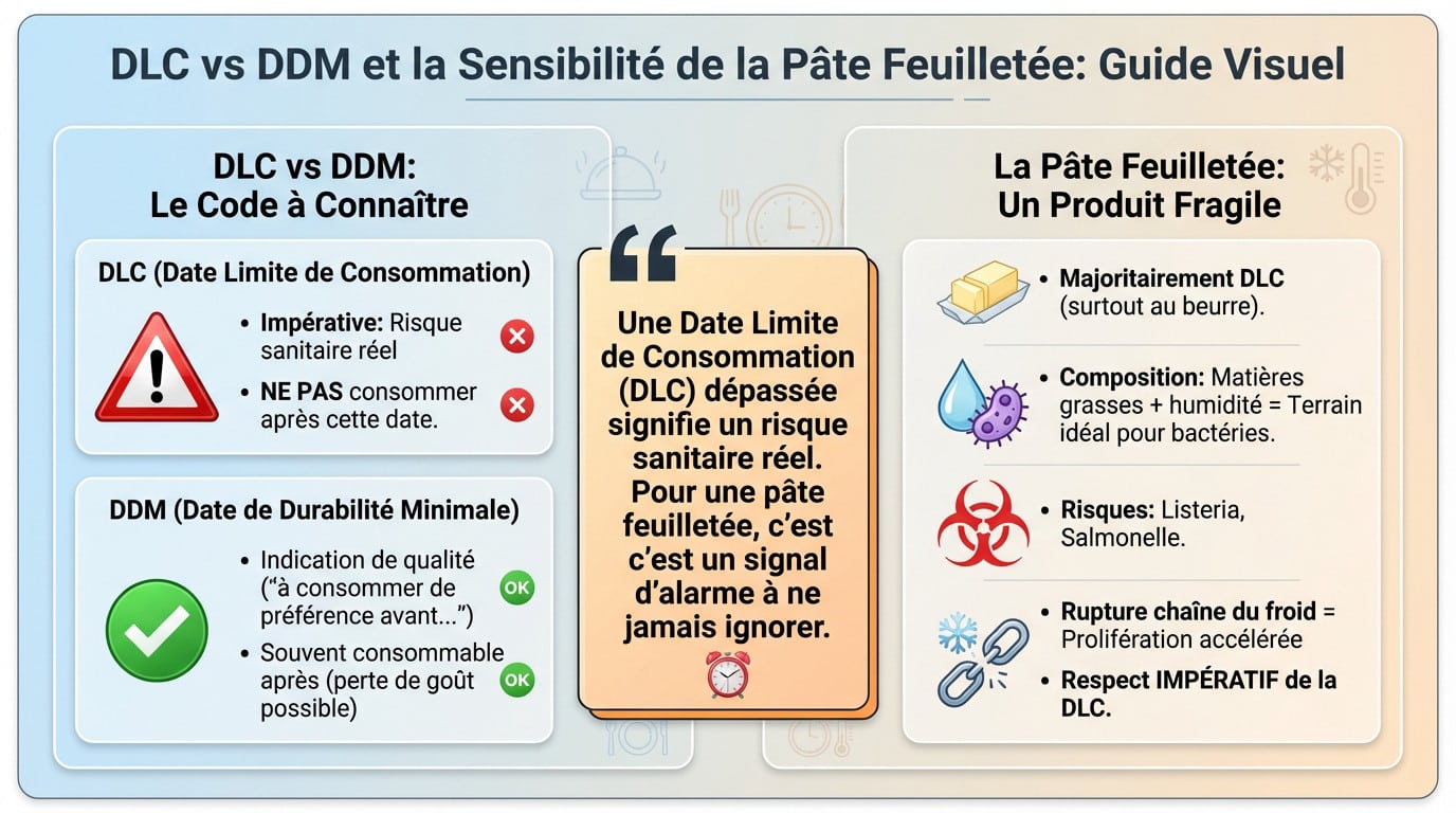 Comparaison entre DLC et DDM sur un emballage de pâte feuilletée et illustration des risques bactériens