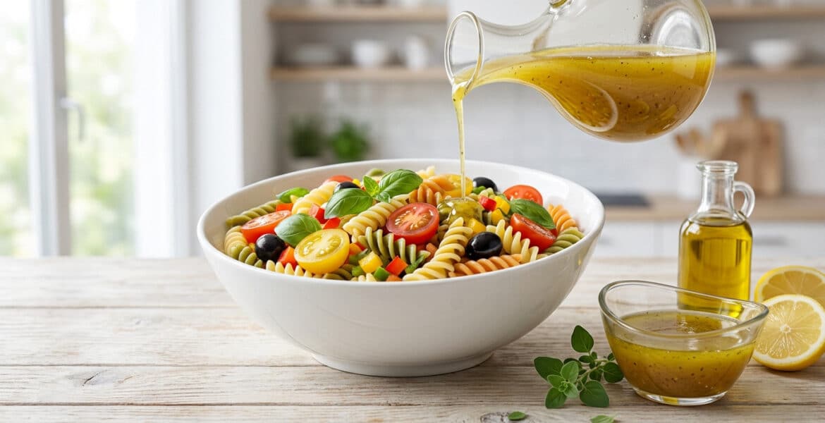 fresh pasta salad with golden vinaigrette pour
