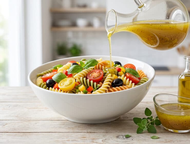 fresh pasta salad with golden vinaigrette pour