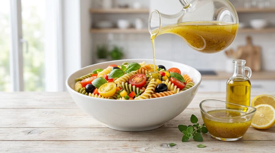 fresh pasta salad with golden vinaigrette pour