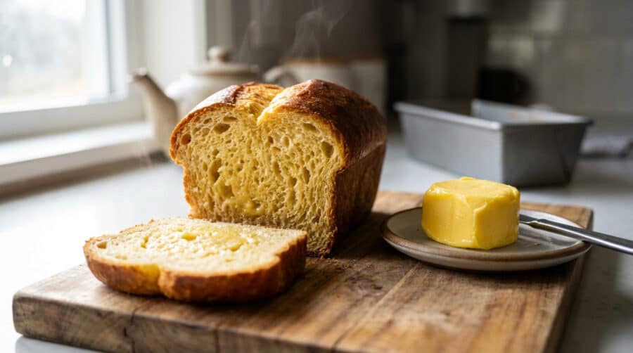 freshly baked brioche with golden butter