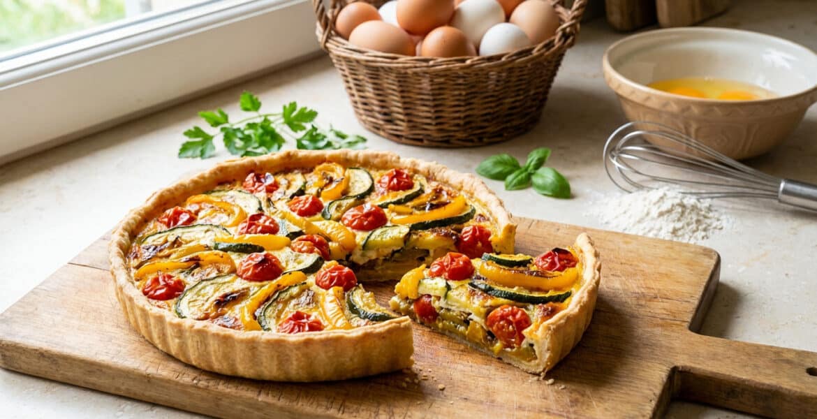 freshly baked quiche aux legumes du soleil