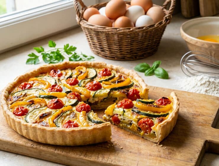 freshly baked quiche aux legumes du soleil