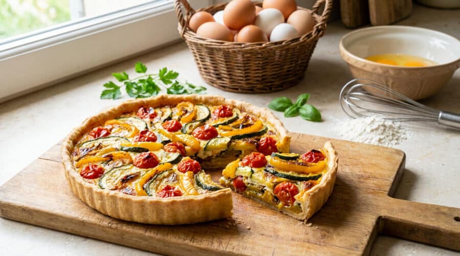 freshly baked quiche aux legumes du soleil