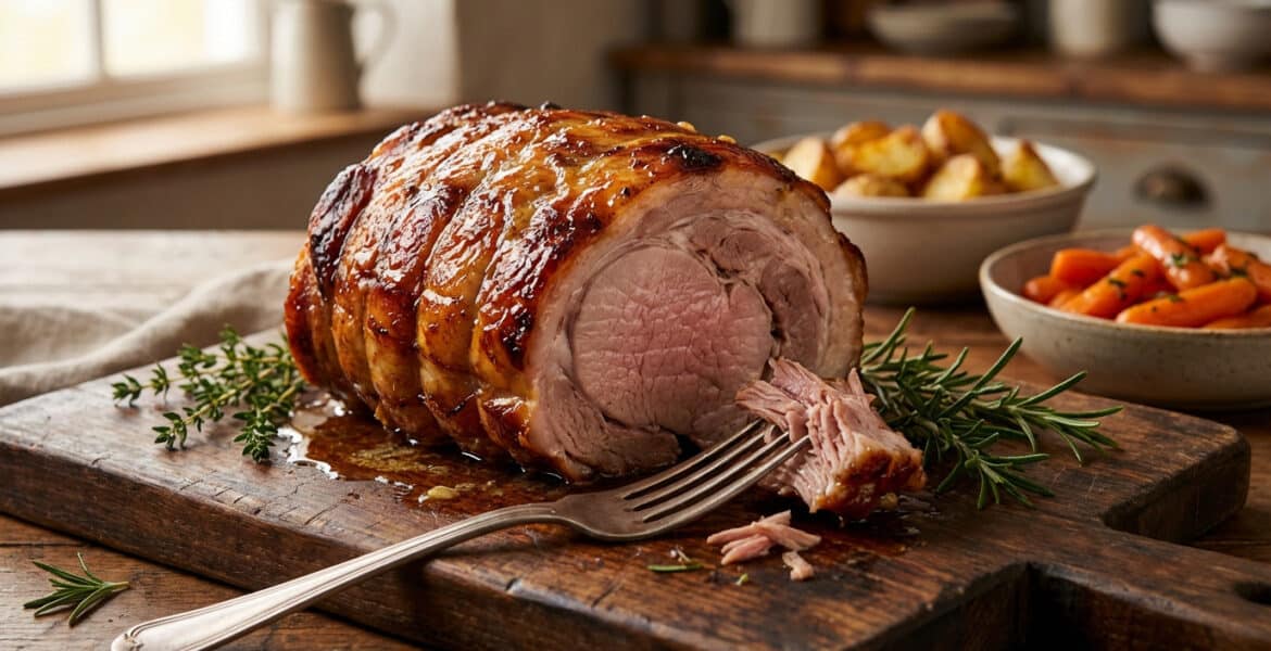 glistening pork roast with rosemary and roasted vegetables