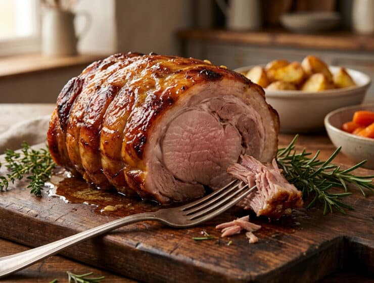 glistening pork roast with rosemary and roasted vegetables
