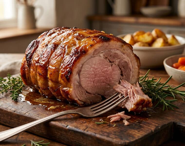 glistening pork roast with rosemary and roasted vegetables