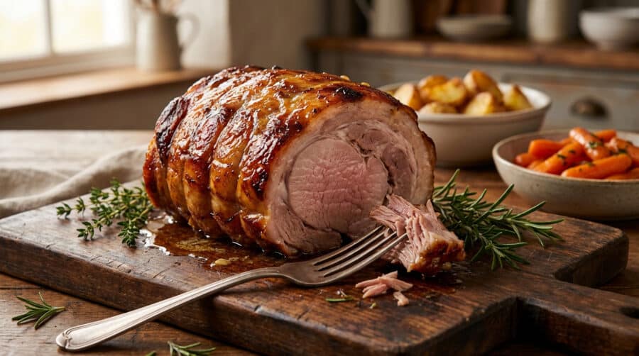 glistening pork roast with rosemary and roasted vegetables