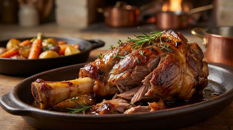 golden brown lamb shank fall off the bone tender