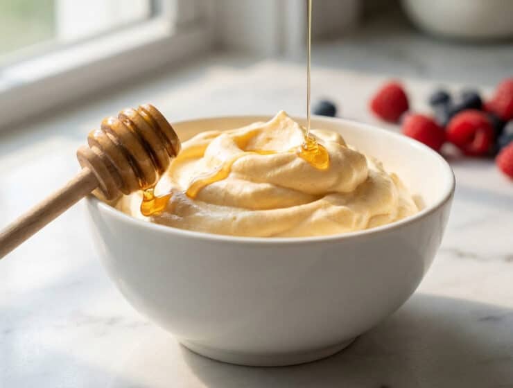 golden chantilly with honey drizzle and berries