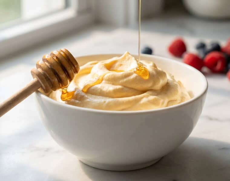 golden chantilly with honey drizzle and berries