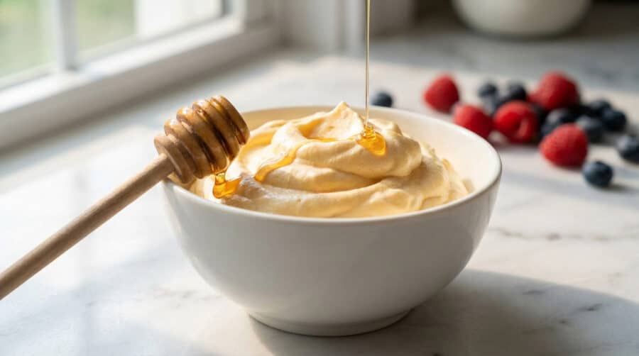 golden chantilly with honey drizzle and berries