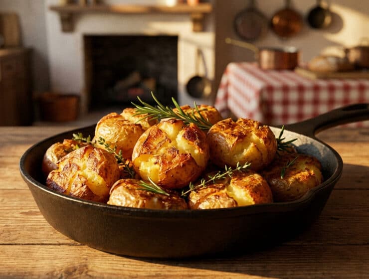 golden crispy potatoes in cast iron skillet