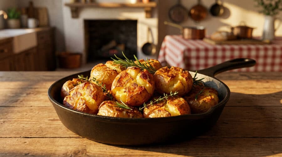 golden crispy potatoes in cast iron skillet