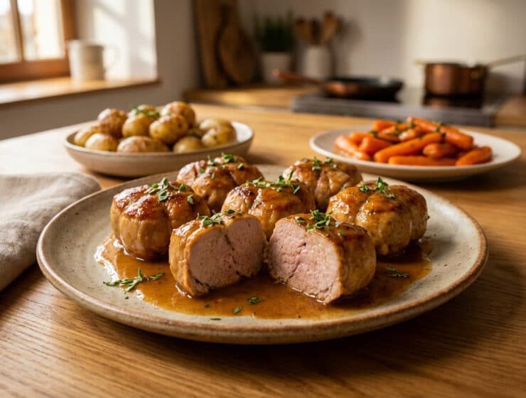 golden pork paupiettes with rich sauce and sides