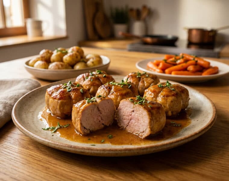 golden pork paupiettes with rich sauce and sides