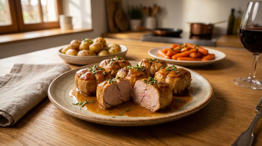 golden pork paupiettes with rich sauce and sides