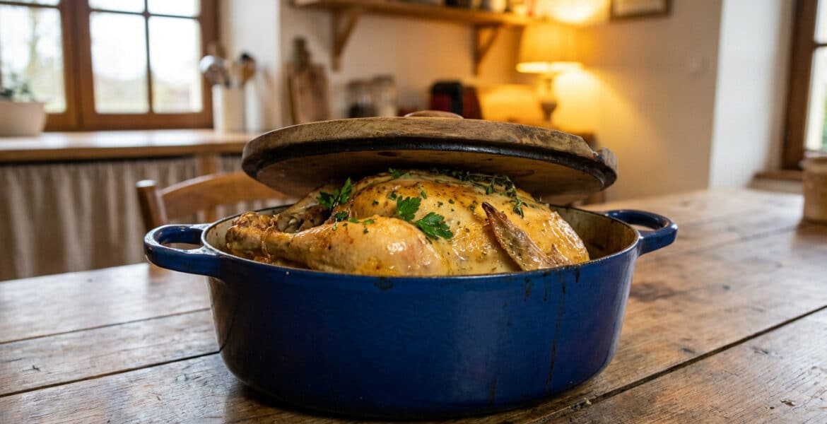 golden poularde in rustic blue cocotte