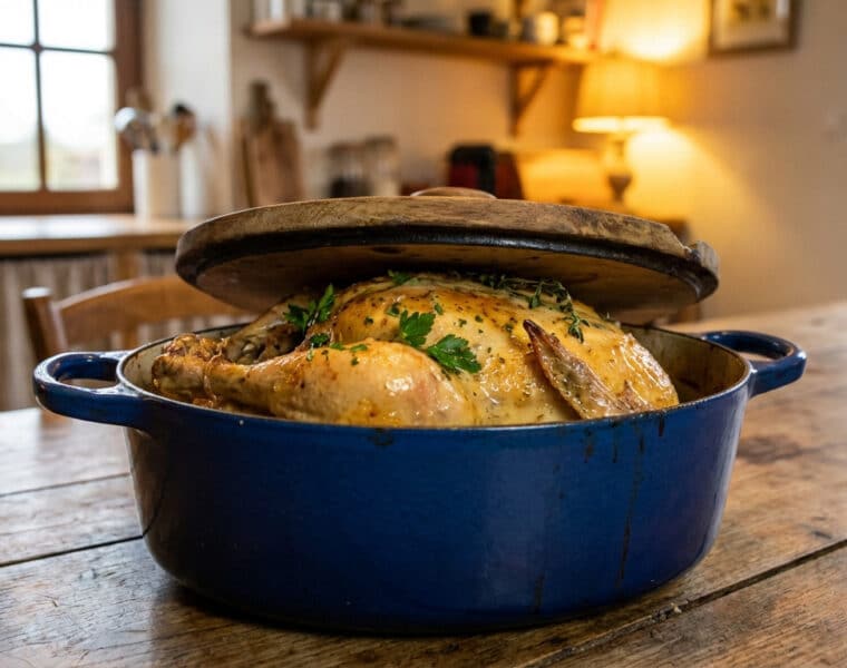 golden poularde in rustic blue cocotte